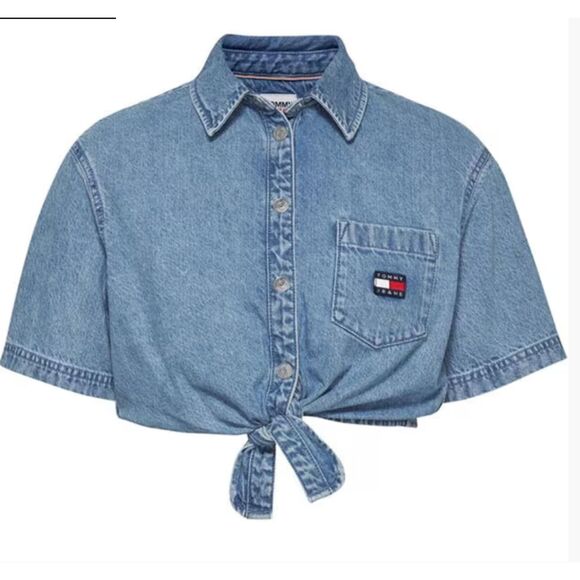 Tommy Jeans NWT Short Sleeve TJW CROP KNOT DENIM SHIRT - Picture 1 of 8